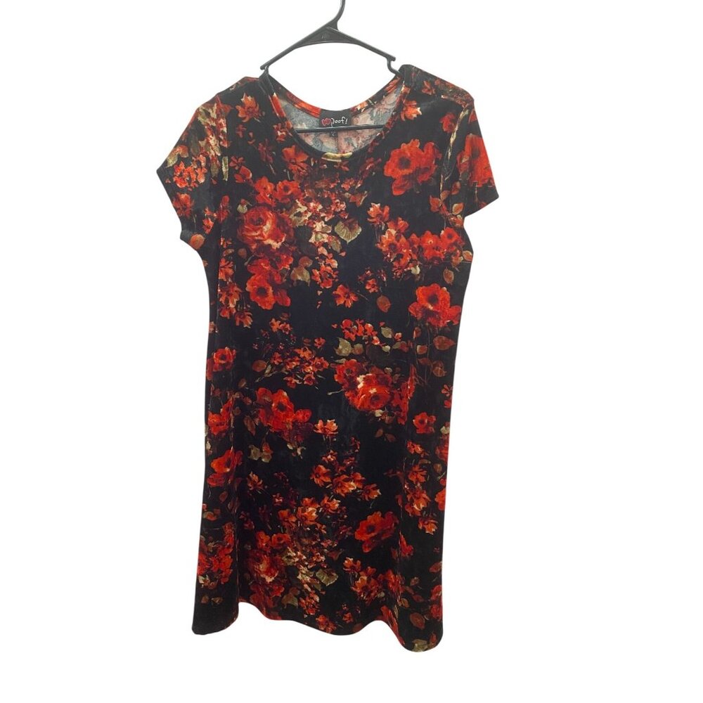 Poof! Womens Red Floral Velvet Mini Dress Short Sleeve Shift L D2755MV